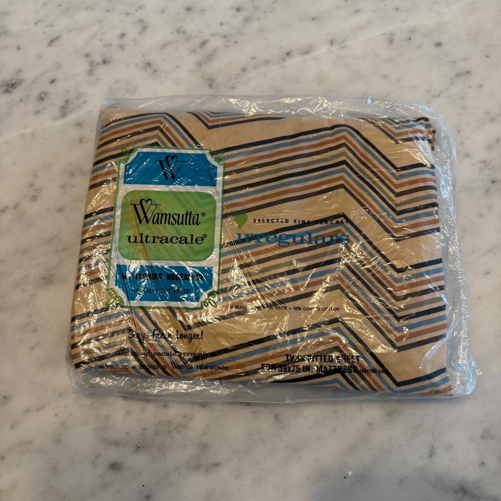 Vintage Wamsutta Ultracale Twin Fitted Sheet Chevron Zig Zag Tan Blue Brown 70s‎